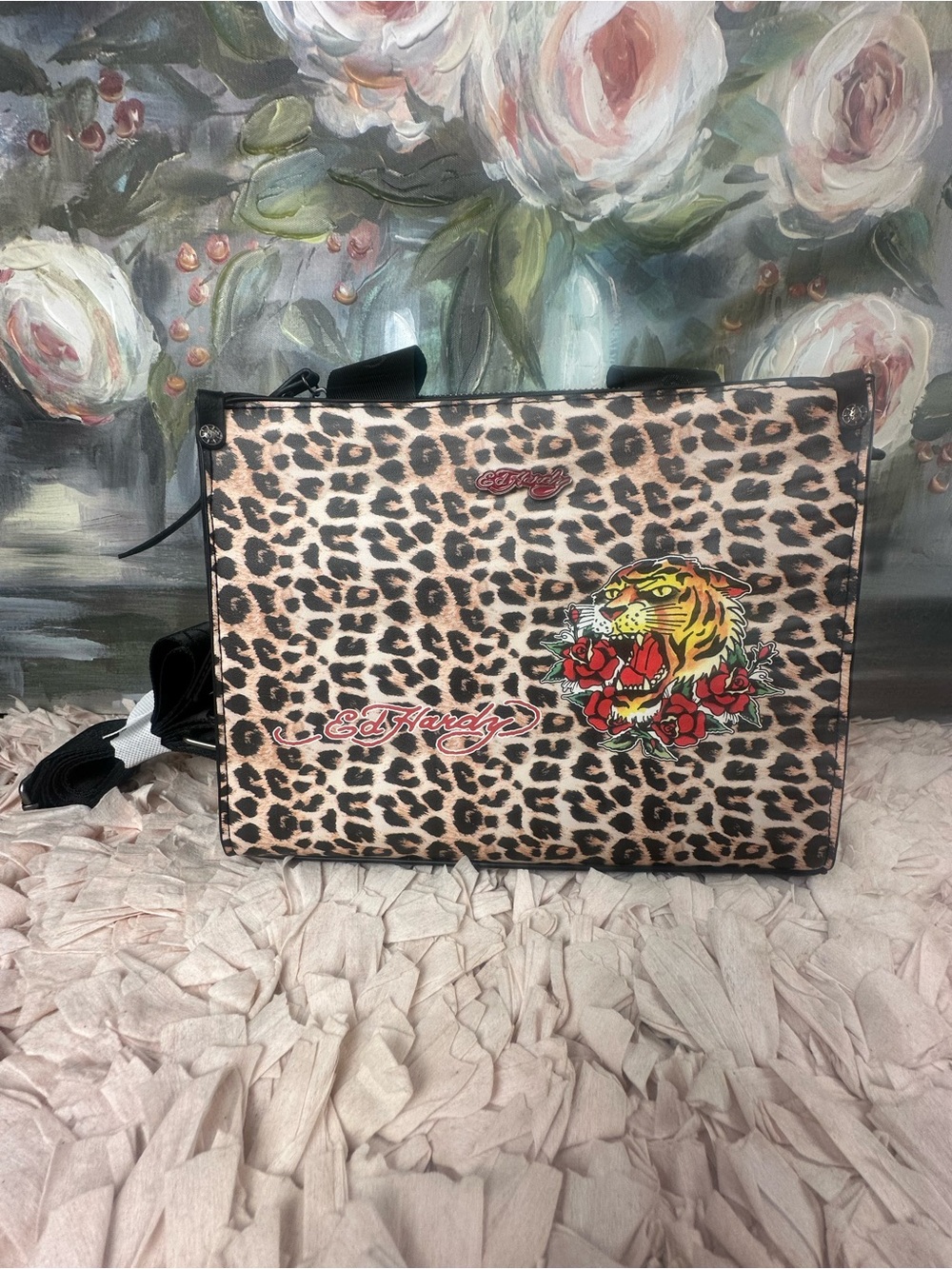 Ed Hardy Leopard Tiger & Roses Satchel Tote Bag NWT